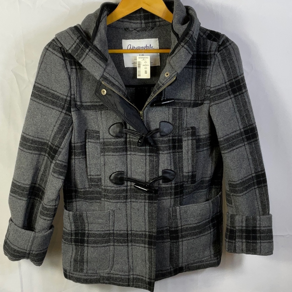 Aeropostale Grey and Black Plaid Zip-Up Hooded Wool Jacket Size Petite Small